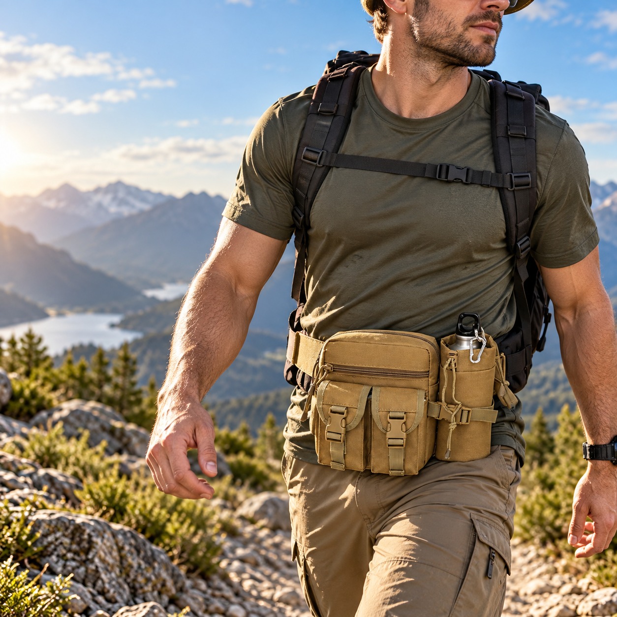Hiking Backpack Waterproof - 多機能戦術ウエストバッグ。防水仕様で、ボトルポーチ付き。アウトドア、キャンプ、ハイキング、狩猟に最適。ベルトの長さは調整可能。