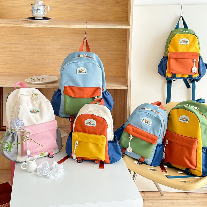 新しいカラーブロックデザインの子供用バックパック、かわいい幼 - Canvas Backpack Casual のレビューと価格